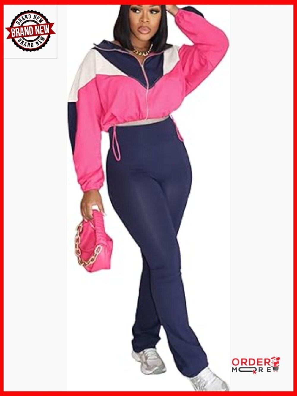 2 Piece Tracksuit Set Zip Up Cropped Jacket Flared Pants Jumpsuit Women